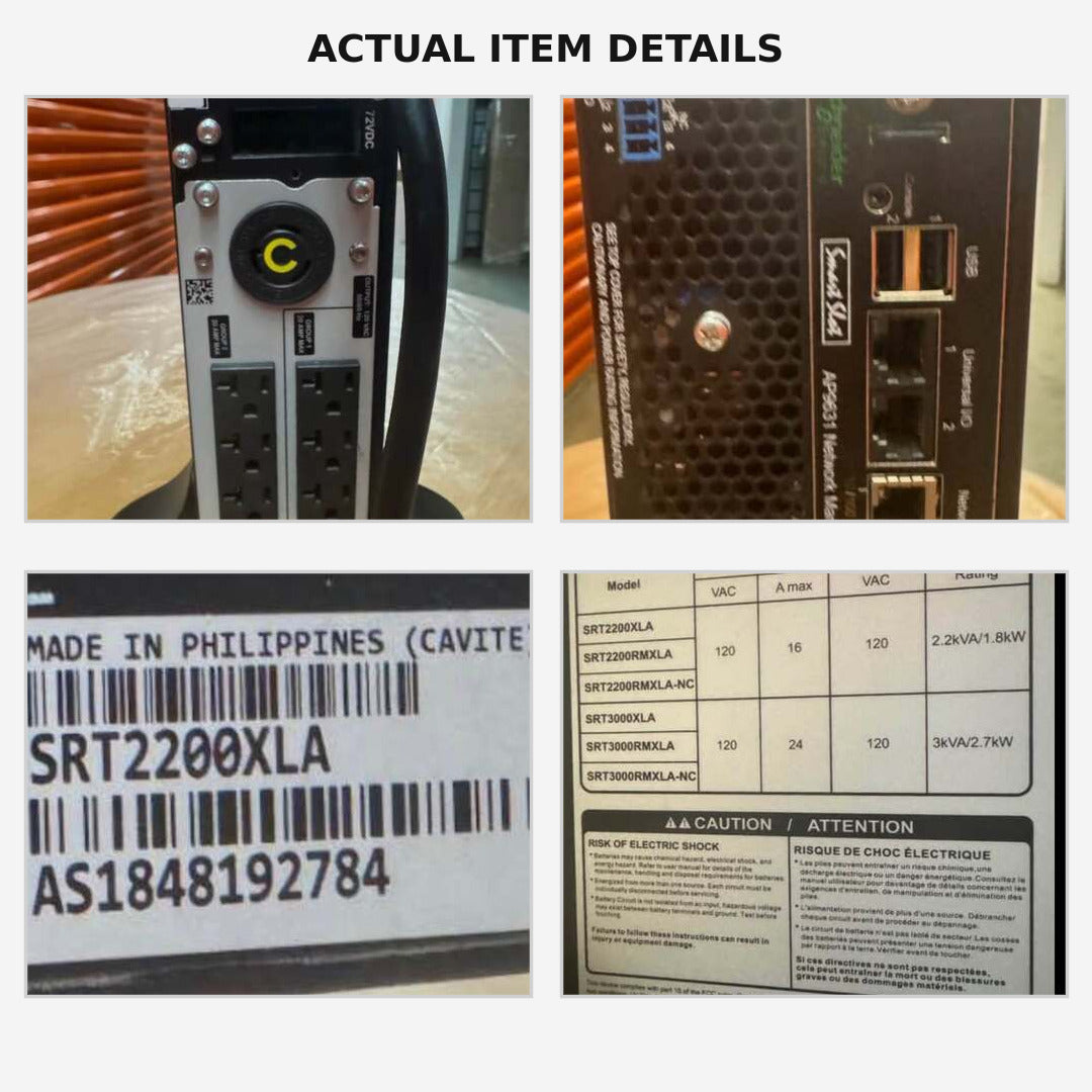 Collage of the actual APC UPS rear outlets, AP9631 network card, model label and power rating label