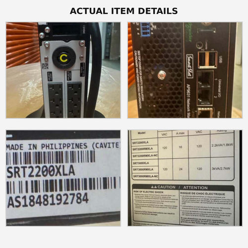 Collage of the actual APC UPS rear outlets, AP9631 network card, model label and power rating label