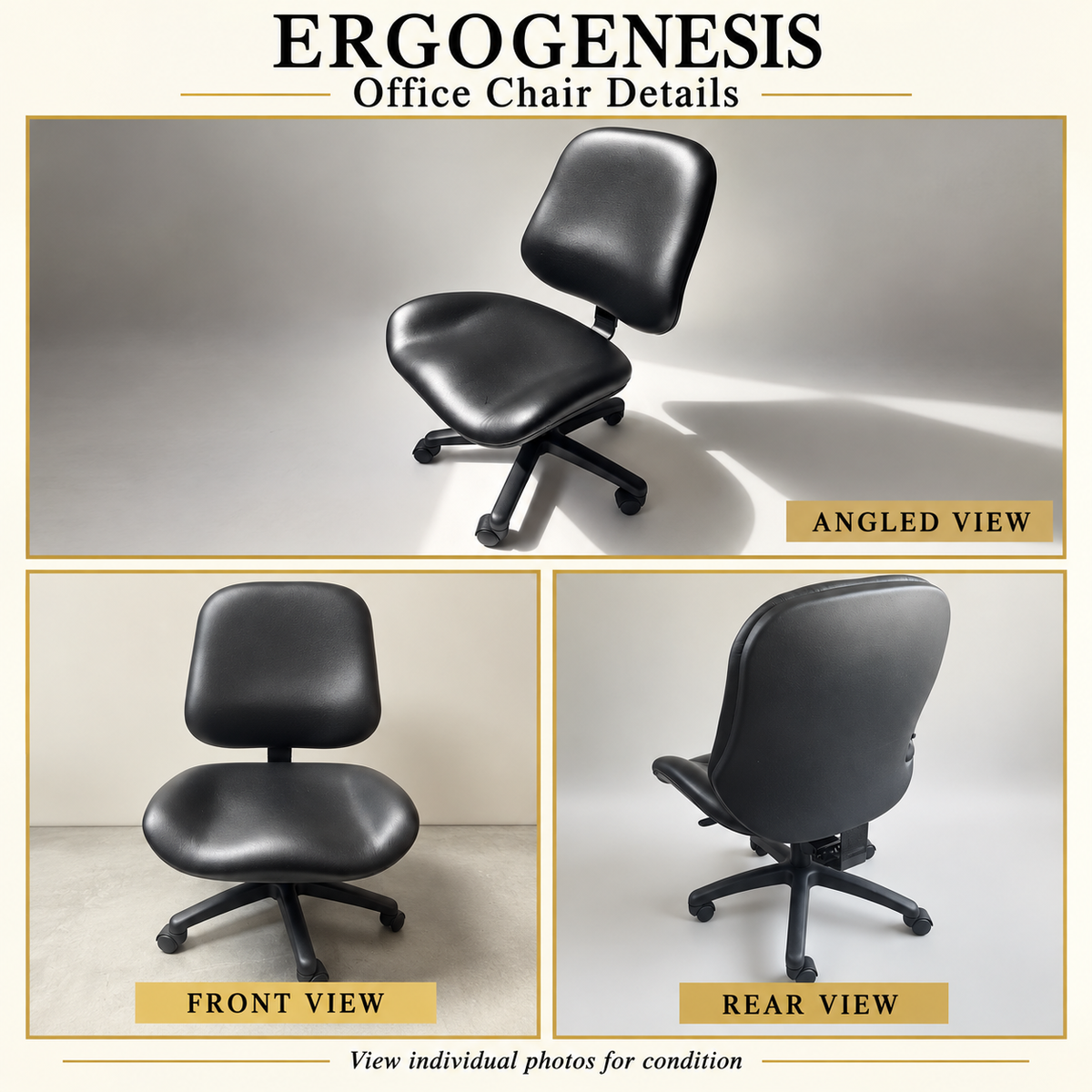 ErgoGenesis office chair — angled, front and rear overview collage