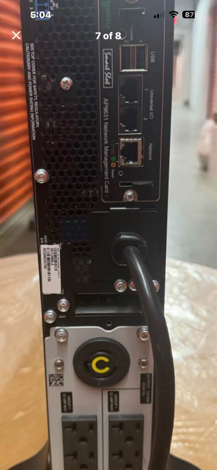 Original full rear view of the actual APC SRT2200XLA UPS with AP9631 card and attached power cord