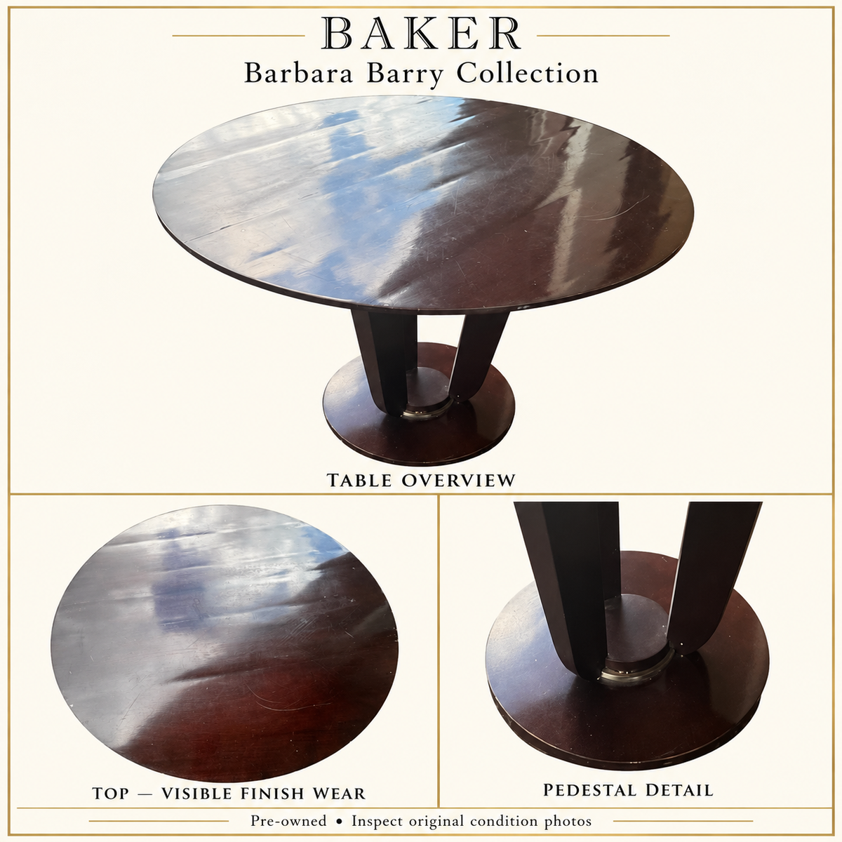 Baker Barbara Barry round table overview, worn tabletop and pedestal detail collage