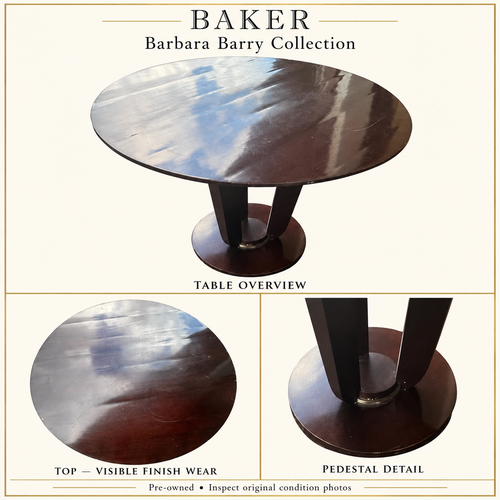 Baker Barbara Barry round table overview, worn tabletop and pedestal detail collage