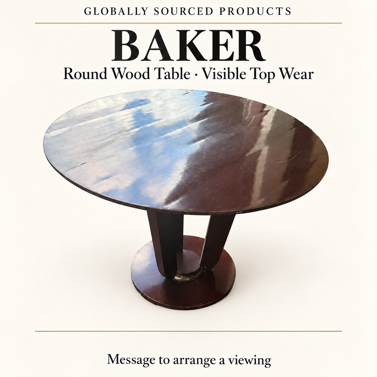Price-free edited presentation of the Baker Barbara Barry round pedestal table with visible tabletop wear; genuine condition and maker-label views follow.