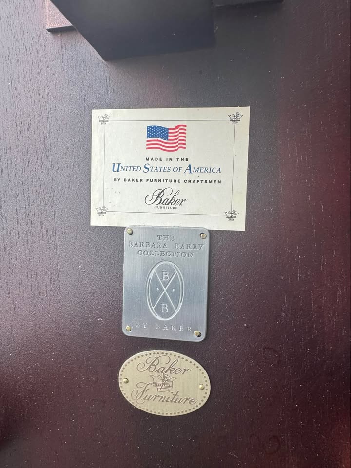 Underside Baker Furniture and Barbara Barry Collection identification plaques