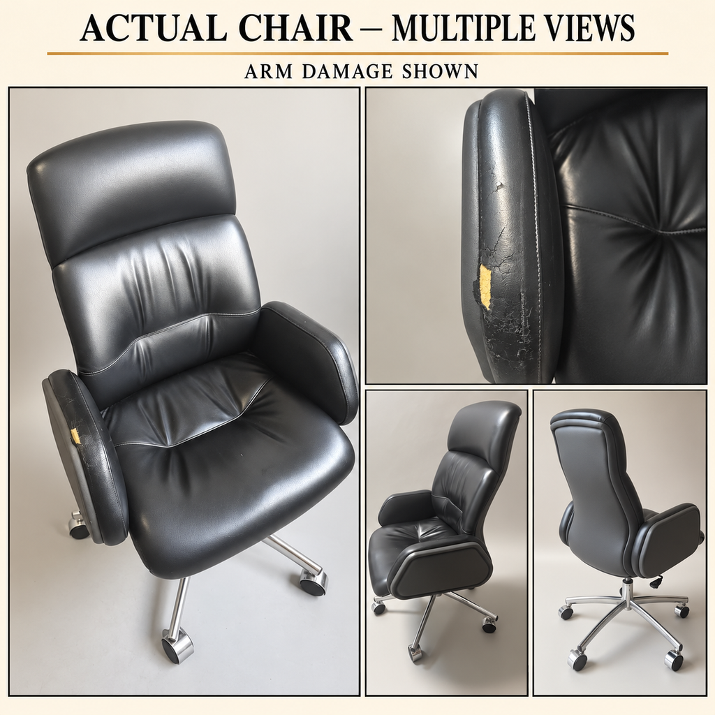 Same chair multiple views; arm upholstery damage shown