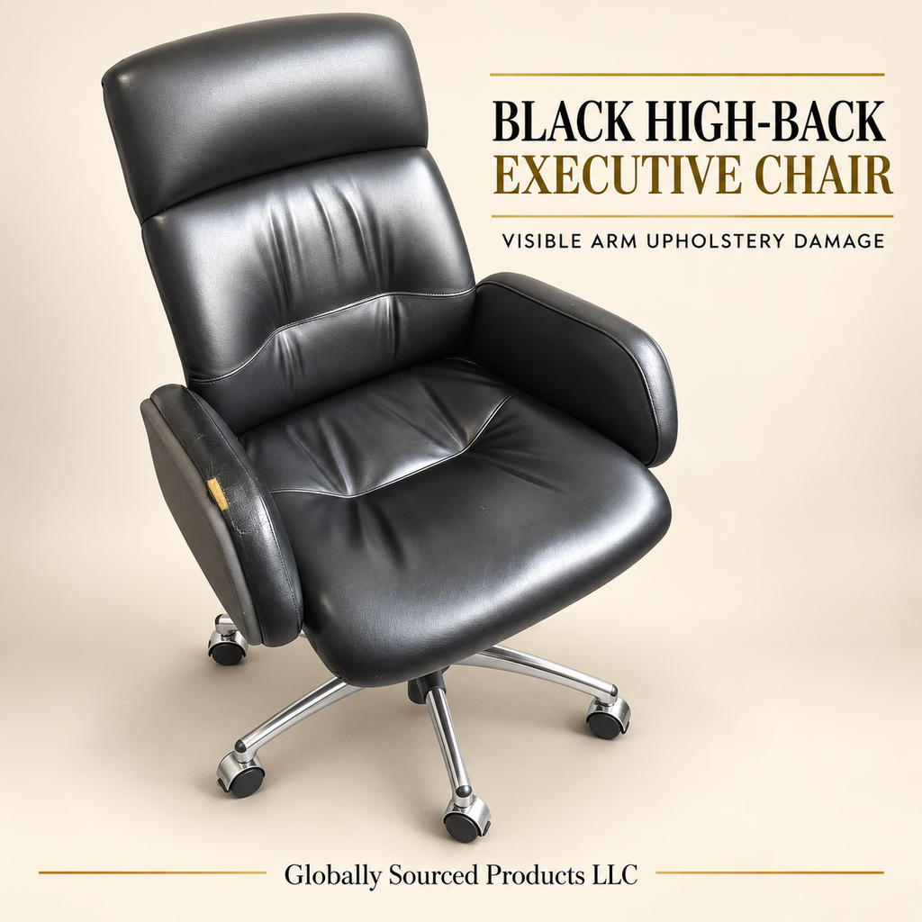 Black high-back chair; staged background with arm damage retained