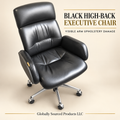 Black high-back chair; staged background with arm damage retained
