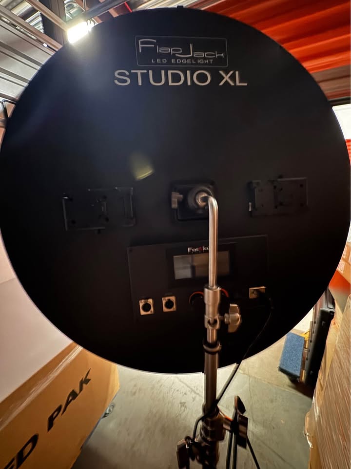 Actual rear view showing FlapJack Studio XL branding, controls and mounting hardware
