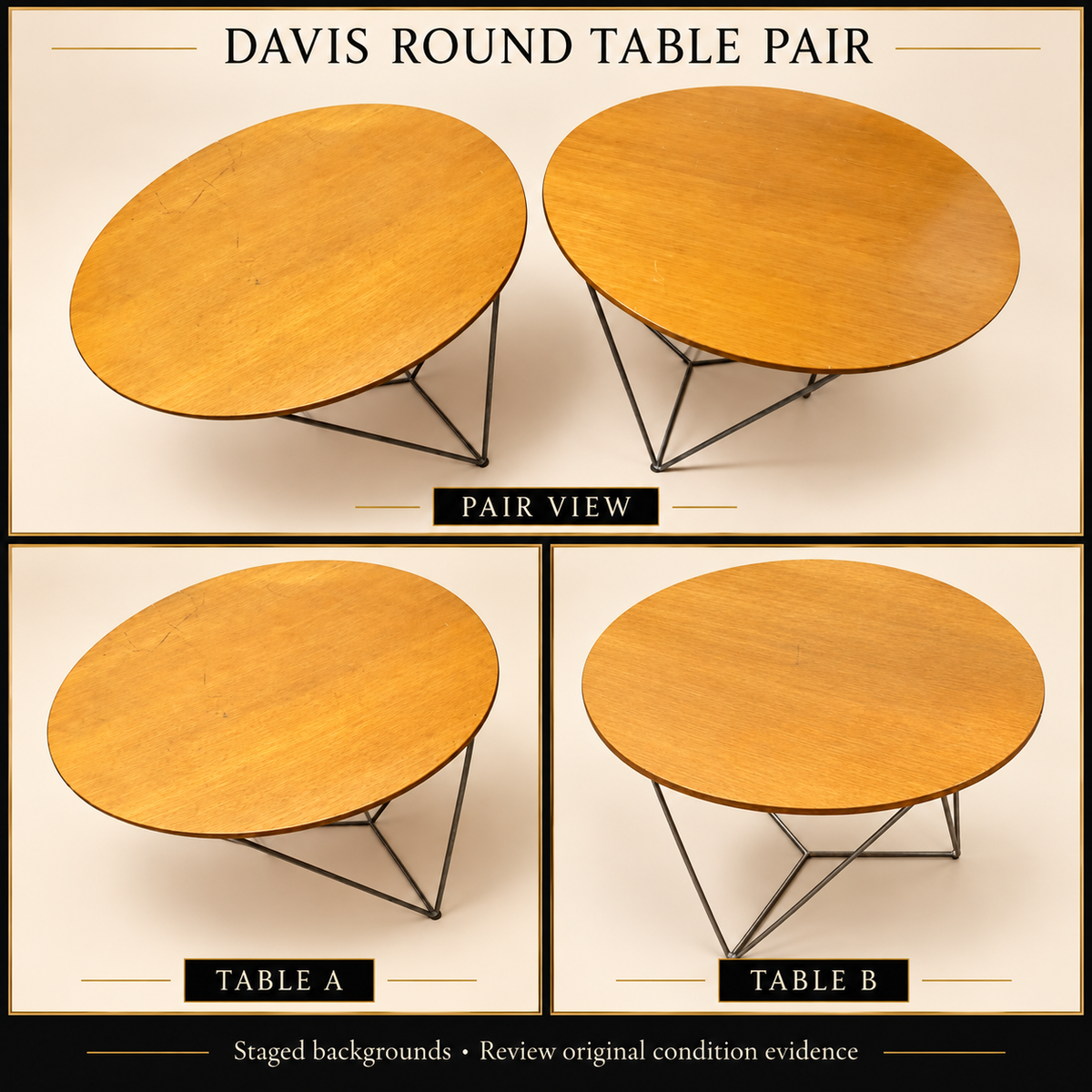 Davis round table pair clean staged collage with pair view and individual table views; visible wear retained