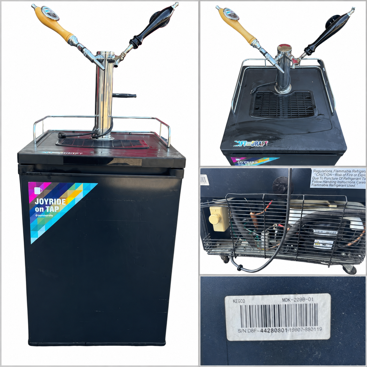 Collage of the actual Kegco cabinet, top tap area, rear refrigeration area and model label