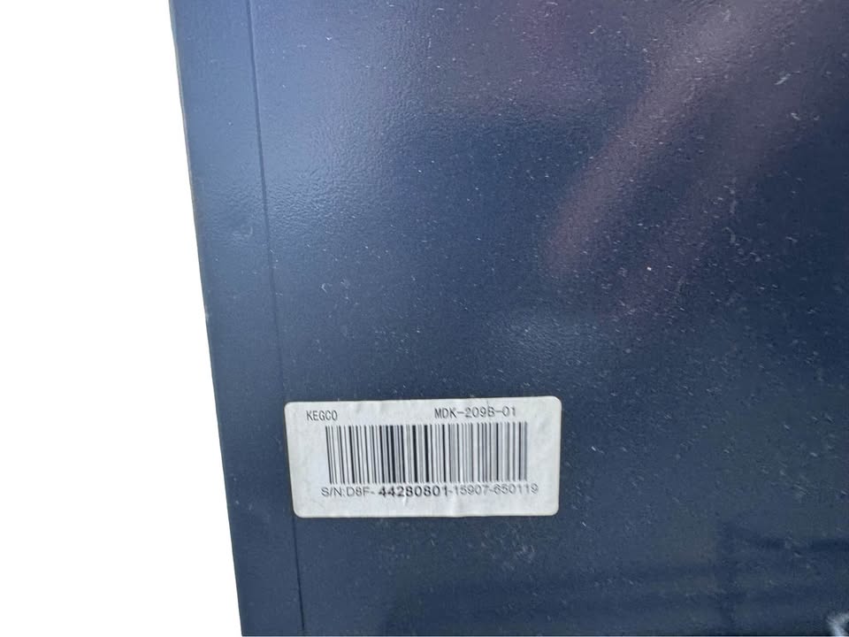 Readable Kegco MDK-209B-01 model label on the actual cabinet