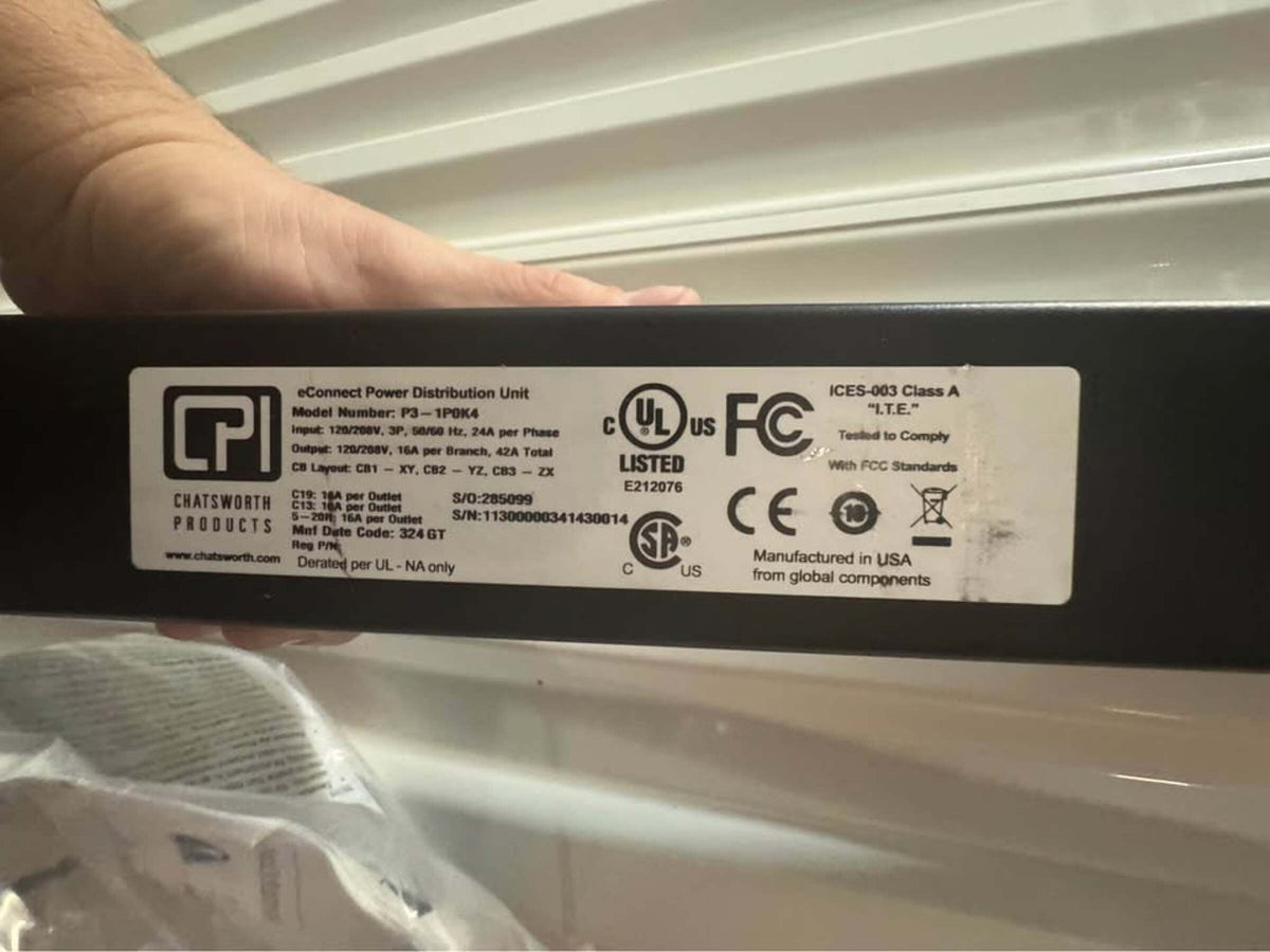 Chatsworth CPI eConnect P3-1P0K4 — same-unit model and electrical label