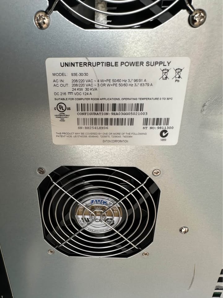 Eaton 93E-30/30 UPS rating label showing 24 kW and 30 kVA