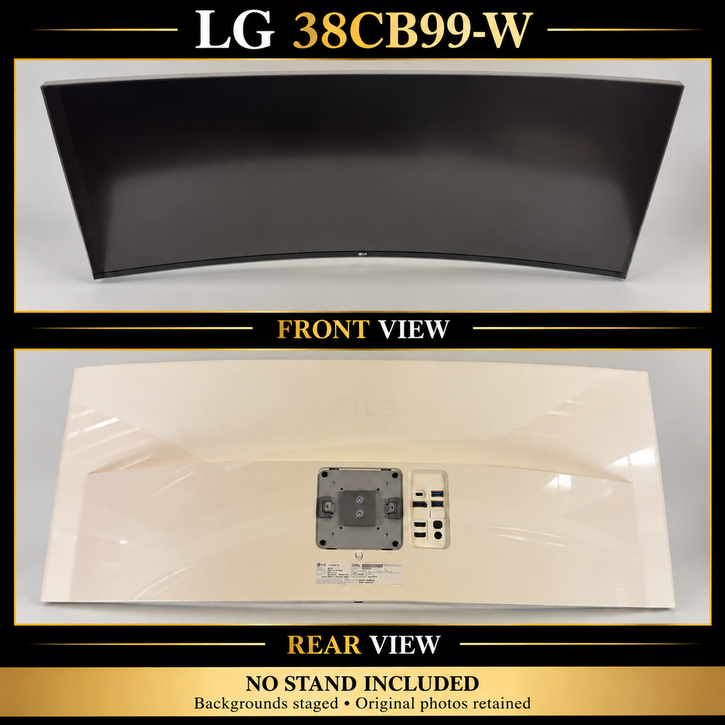 LG38CB99-W exact-source front/rear collage; backgrounds staged; no stand