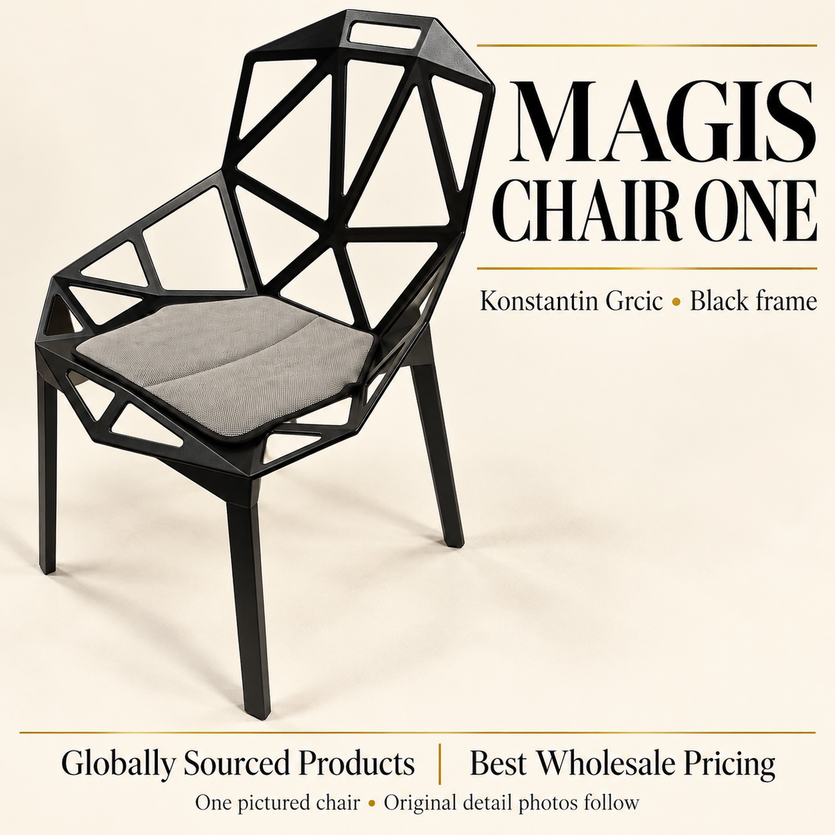 Magis Chair One black aluminum four-leg chair with gray seat pad — exact photographed chair hero
