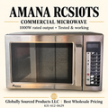 Amana RCS10TS commercial microwave hero; staged background disclosed; visible keypad wear retained