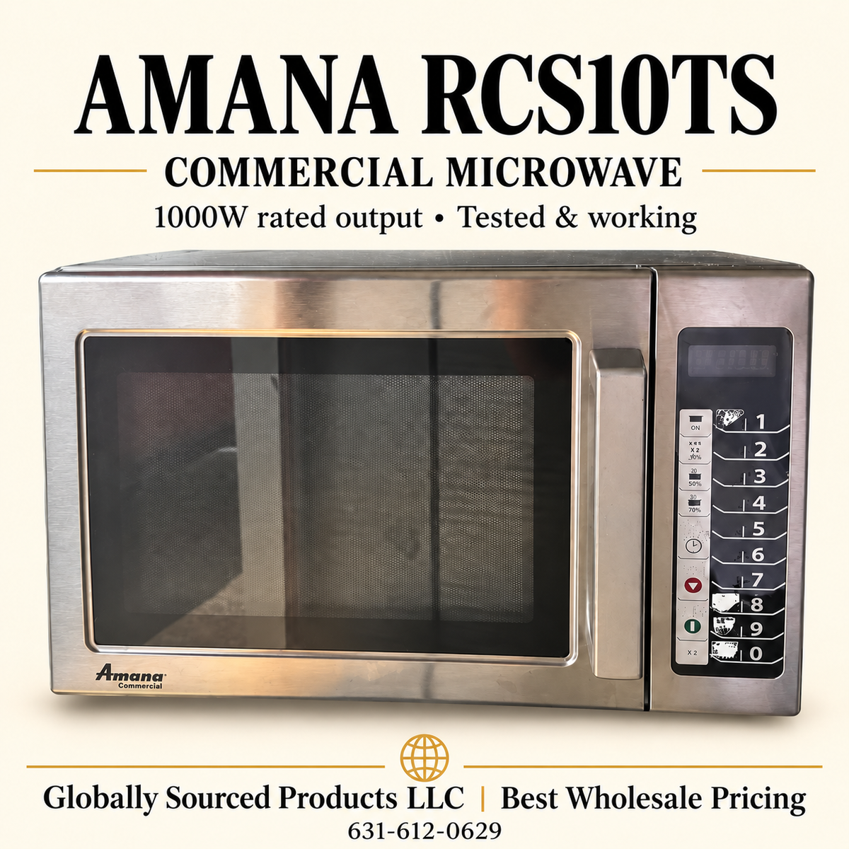 Amana RCS10TS commercial microwave hero; staged background disclosed; visible keypad wear retained