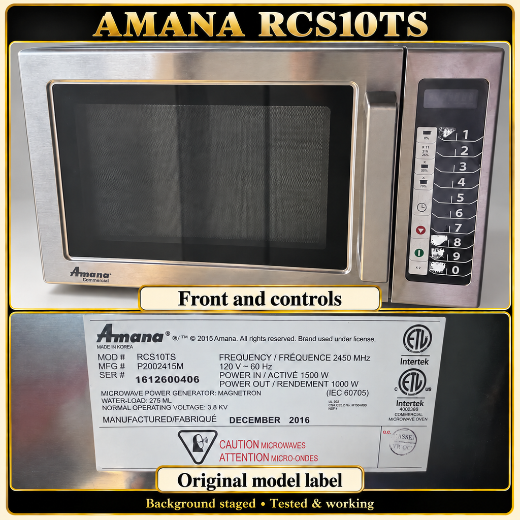 Amana RCS10TS front and model-label collage; staged background disclosed; exact unit shown