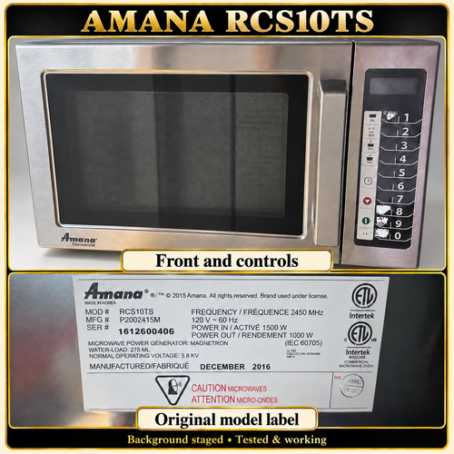 Amana RCS10TS front and model-label collage; staged background disclosed; exact unit shown