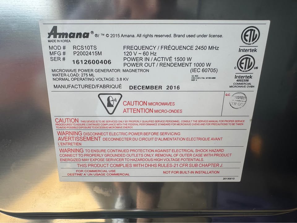 Untouched Amana RCS10TS model label, serial 1612600406, December 2016