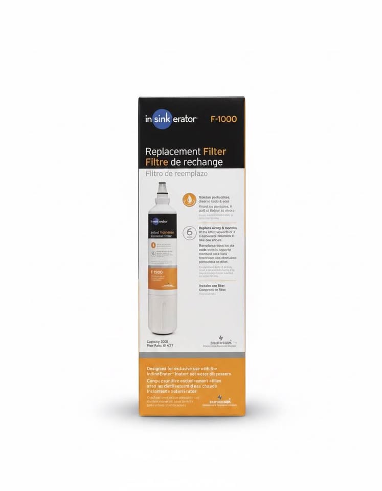 Original front view of the exact InSinkErator F-1000 replacement filter cartridge package.