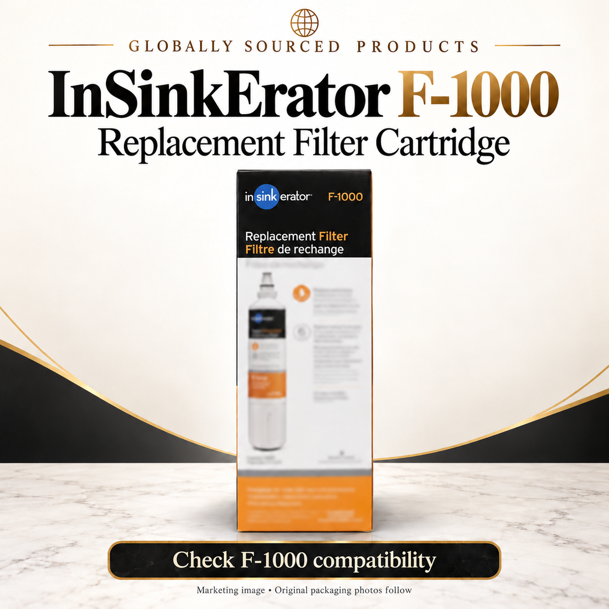 InSinkErator F-1000 replacement filter cartridge package presentation; compatibility check and original photos follow.