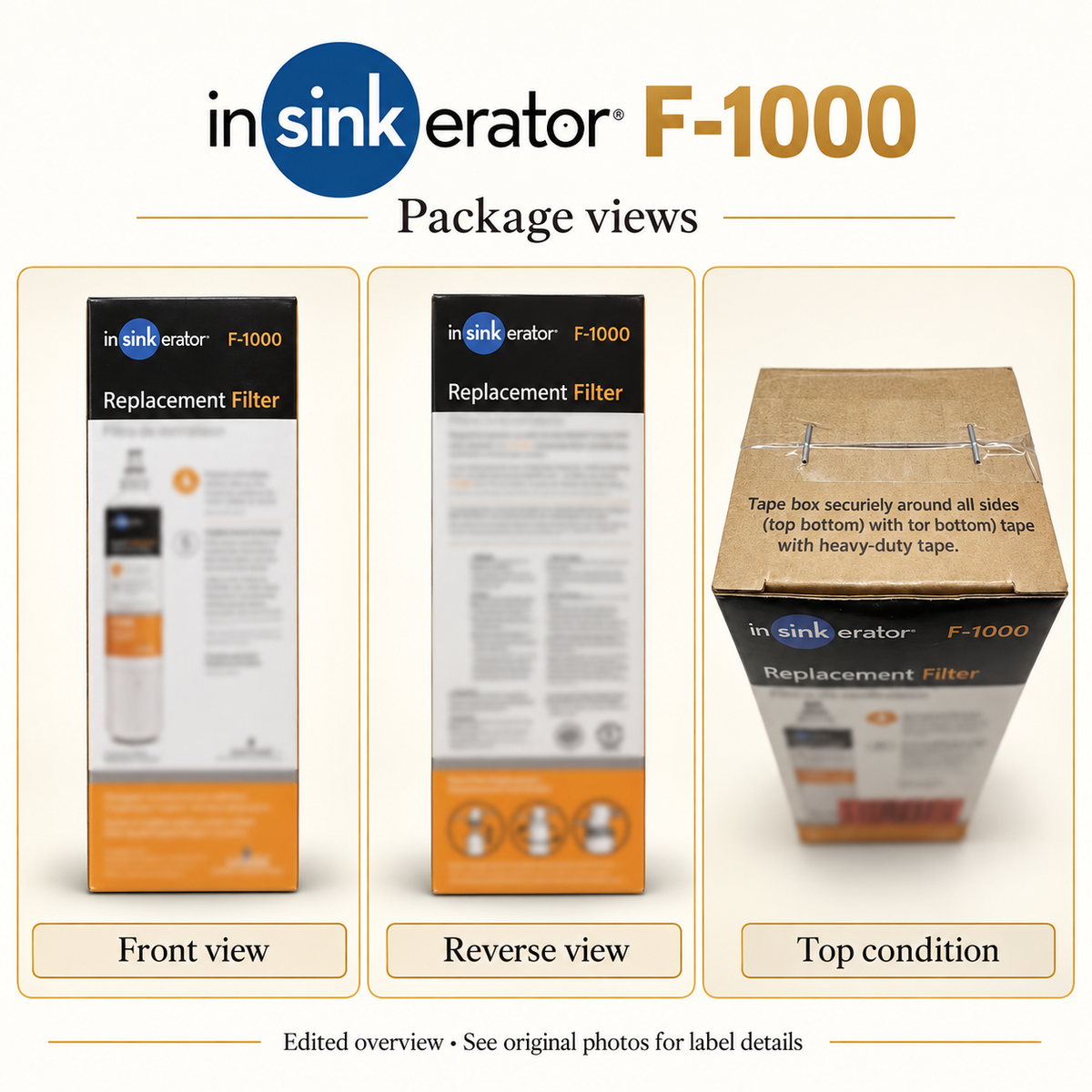 Edited overview of the exact InSinkErator F-1000 package front, reverse and taped/stapled top.