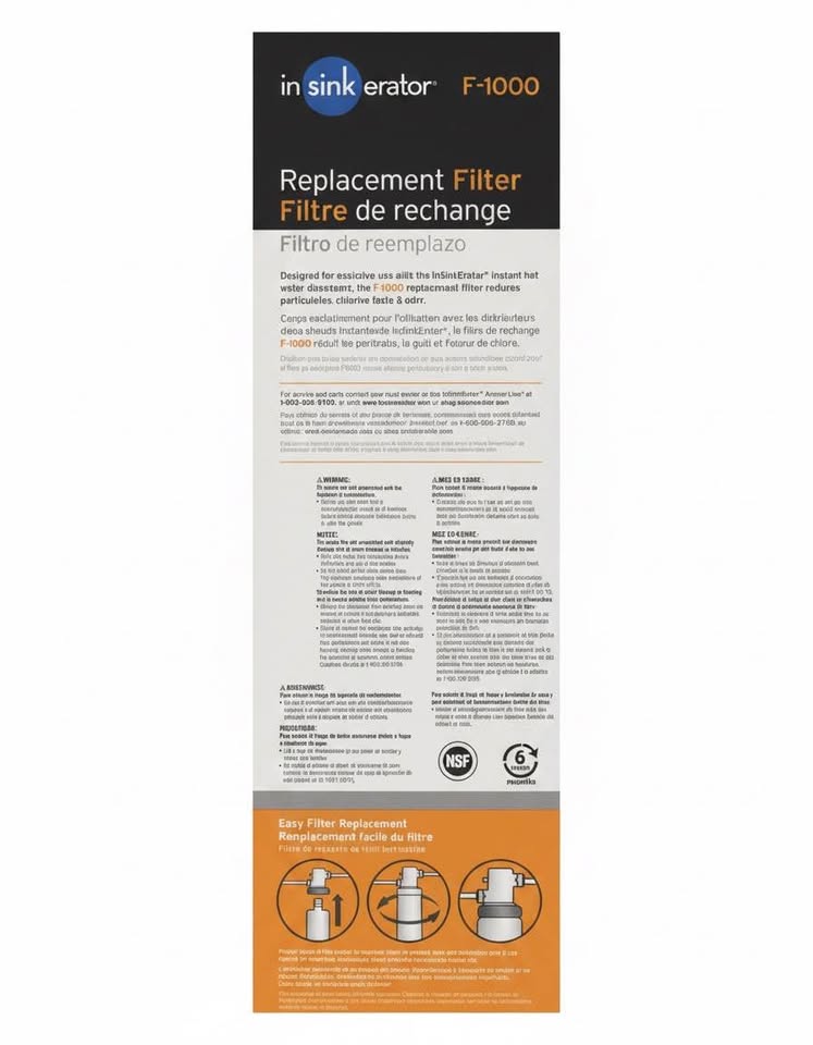 Original reverse view of the exact InSinkErator F-1000 replacement filter cartridge package.