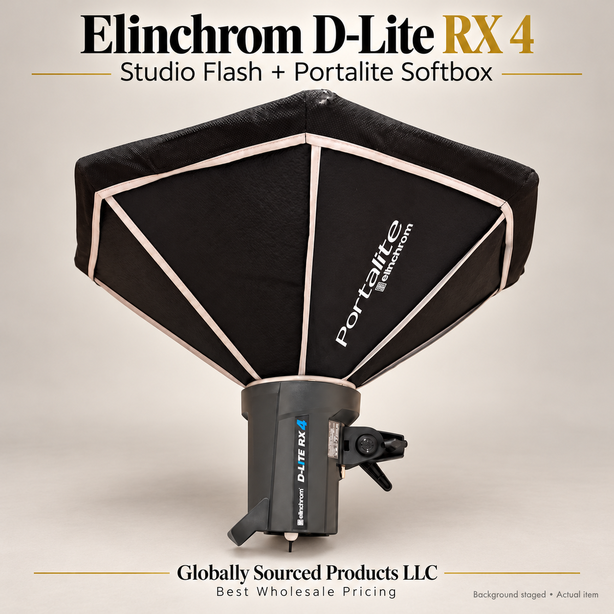 Elinchrom D-Lite RX 4 flash and Portalite softbox hero; background staged; support removed