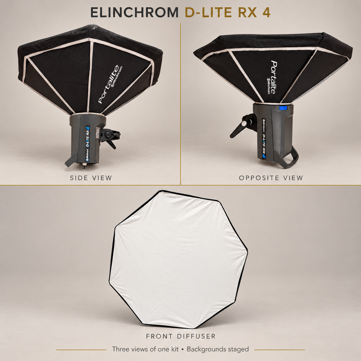 Three matching views of one Elinchrom flash and Portalite kit; backgrounds staged