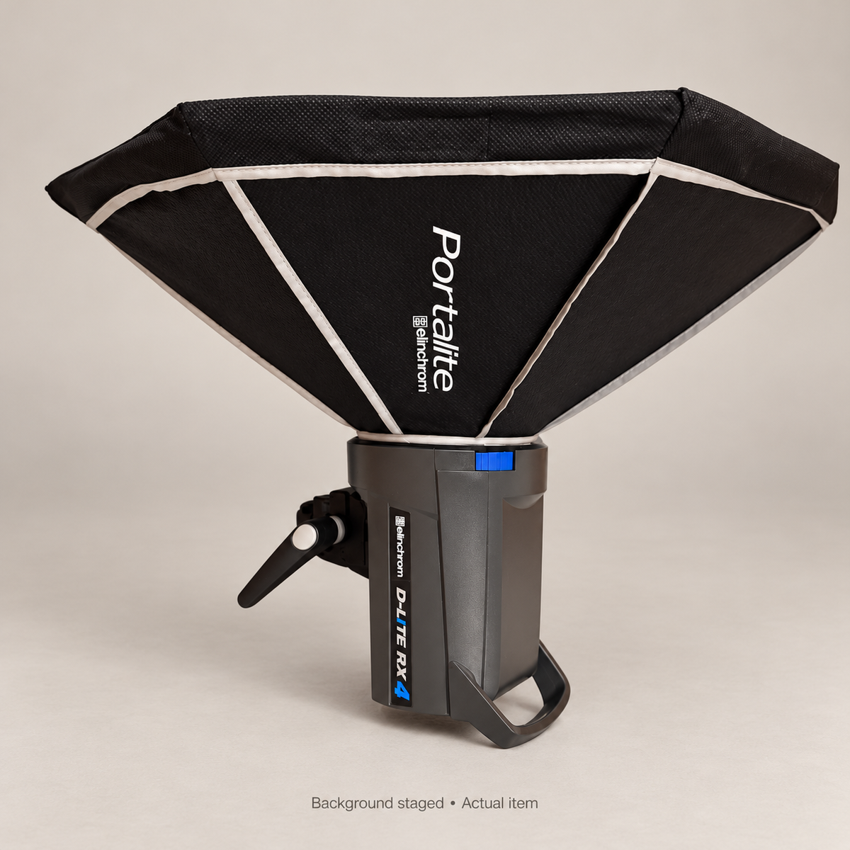 Actual Elinchrom flash and Portalite softbox opposite view; background staged
