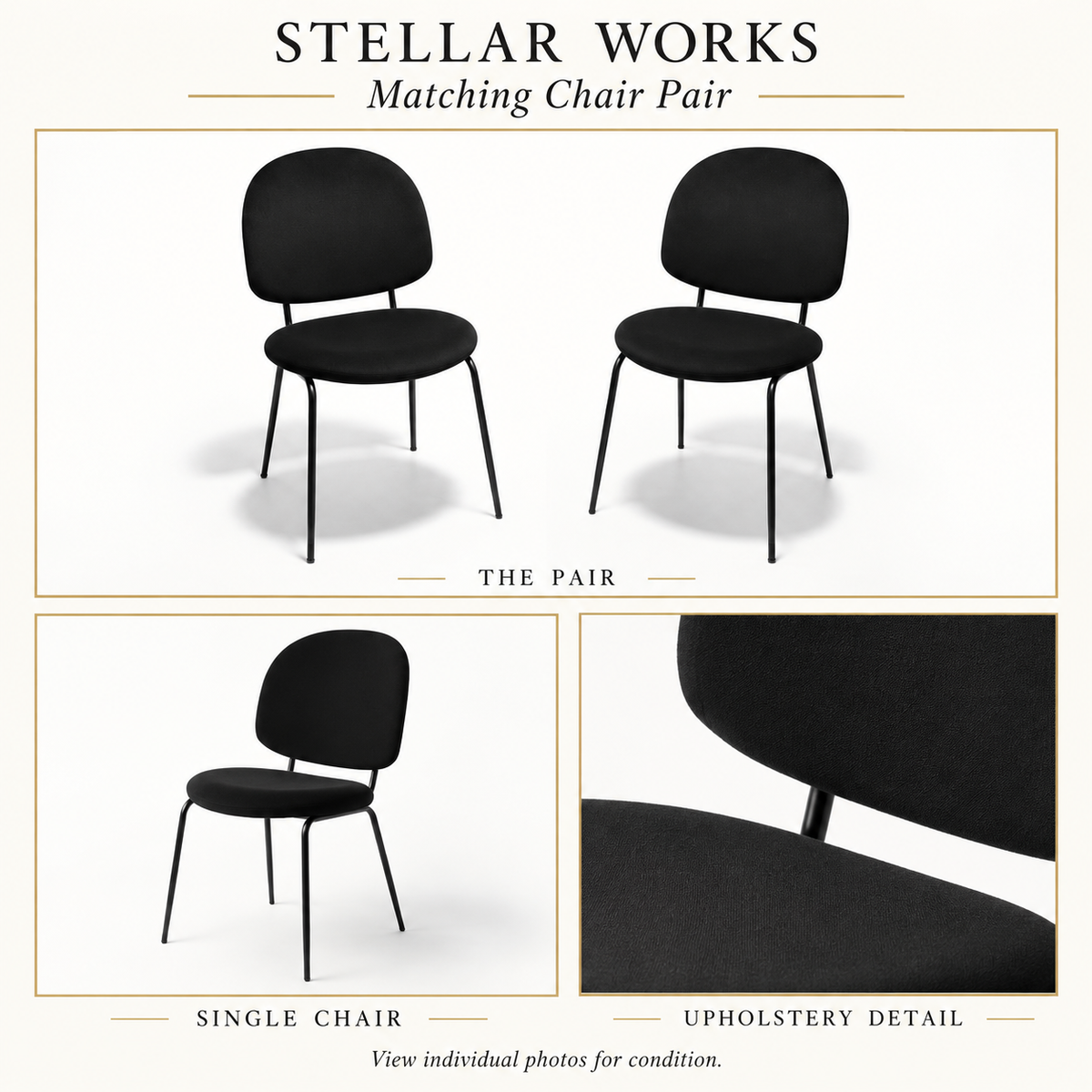 Collage of the matching Stellar Works chair pair, single chair and upholstery detail