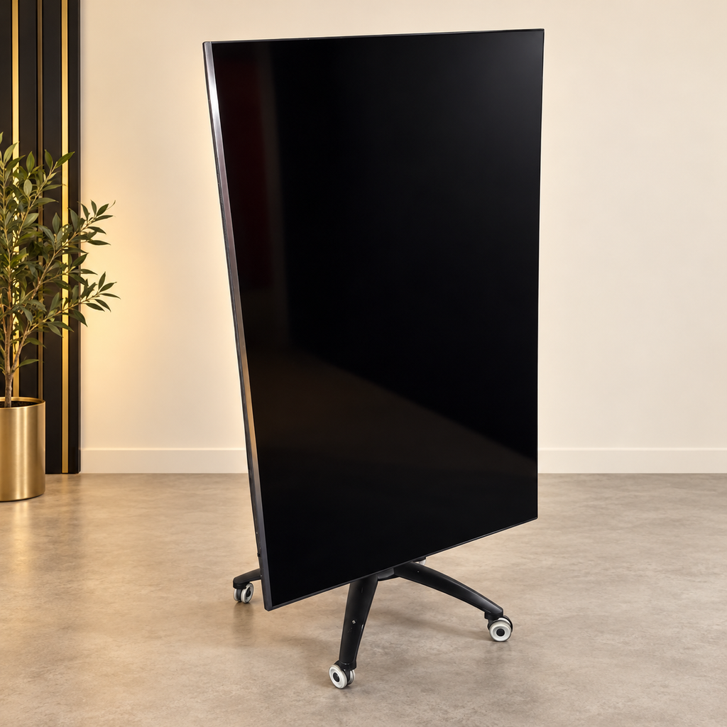 Samsung QN82Q6FNAFXZA 82-inch QLED TV with the photographed rolling stand; staged clean-background hero