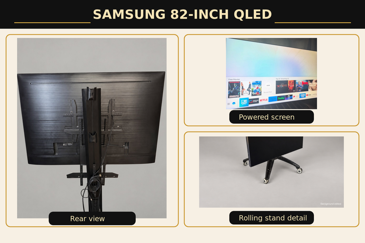 Samsung QN82Q6FNAFXZA evidence collage with verified rear view, powered screen detail and photographed rolling stand detail; exact source crops, edited backgrounds disclosed.