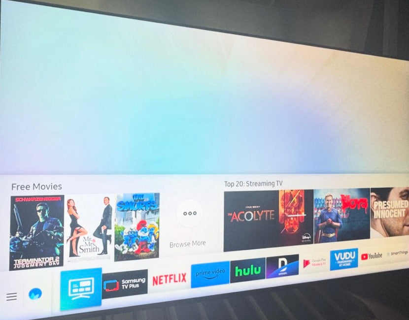 Exact owner-supplied pixel crop of the Samsung smart-TV interface powered on; rotated for readable orientation; no test result beyond the pictured screen state.