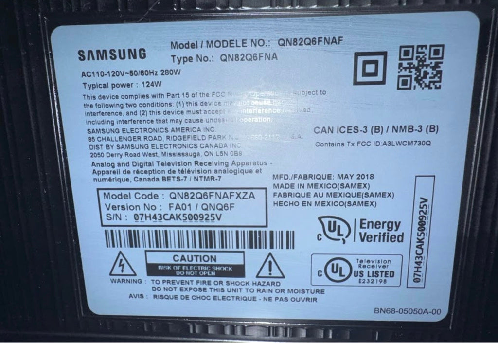 Original owner-supplied Samsung QN82Q6FNAFXZA model label, serial 07H43CAK500925V.