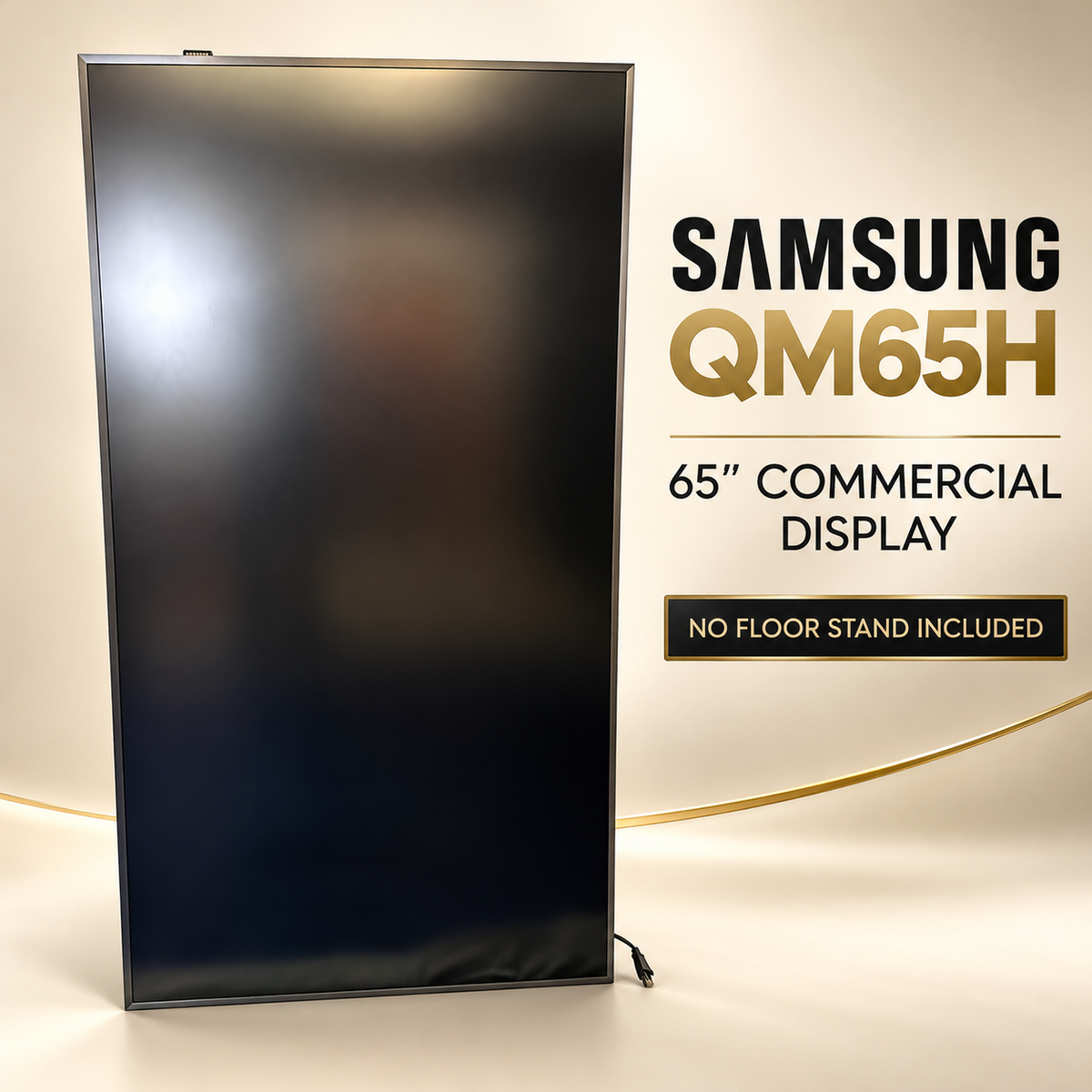 Samsung QM65H 65-inch commercial display staged hero; no floor stand included