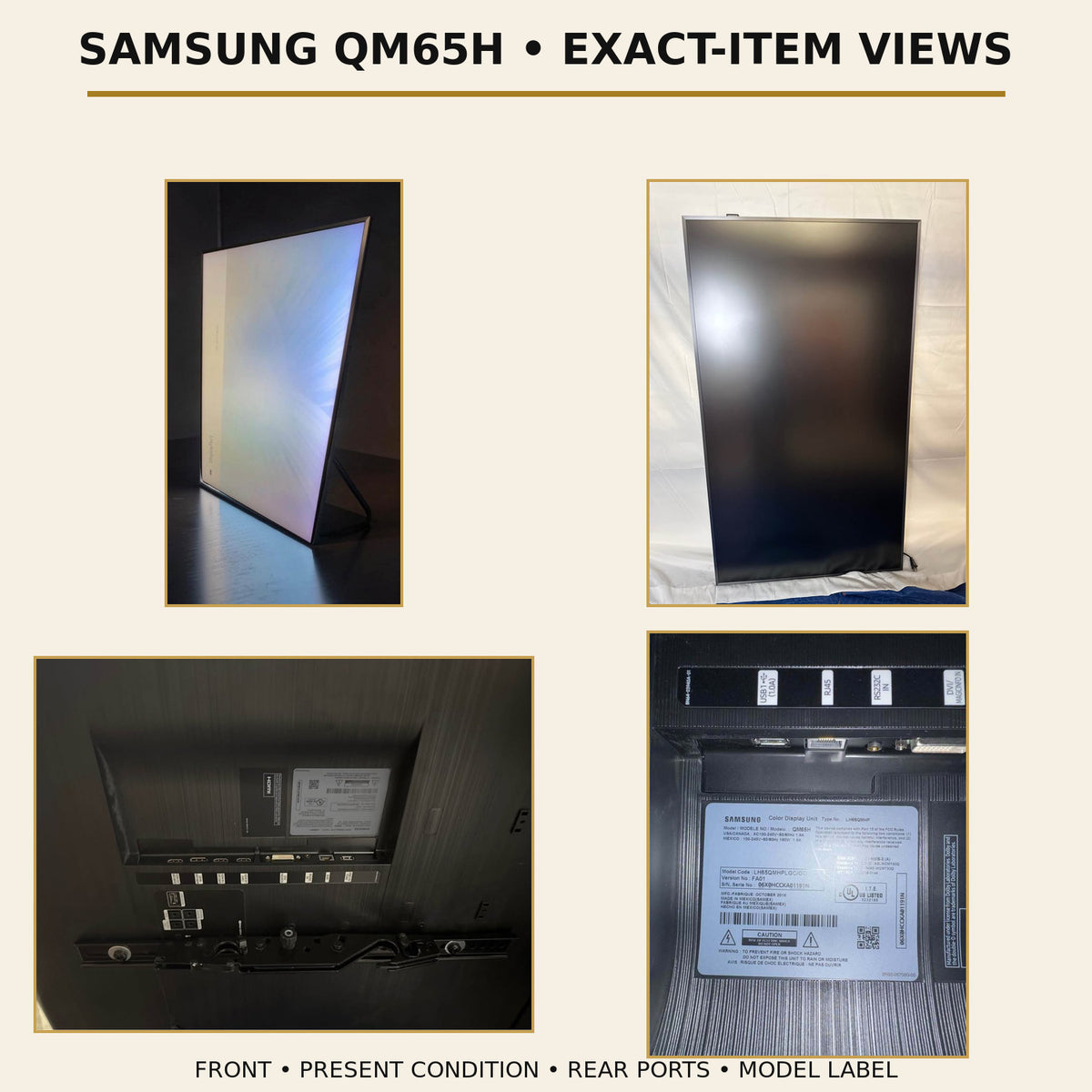 Samsung QM65H exact-item collage with front, rear ports and model-label views