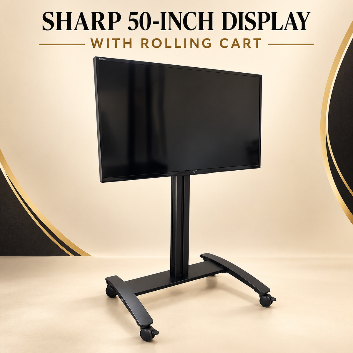 Sharp LC-50LE650U 50-inch display with black rolling cart — price-free hero