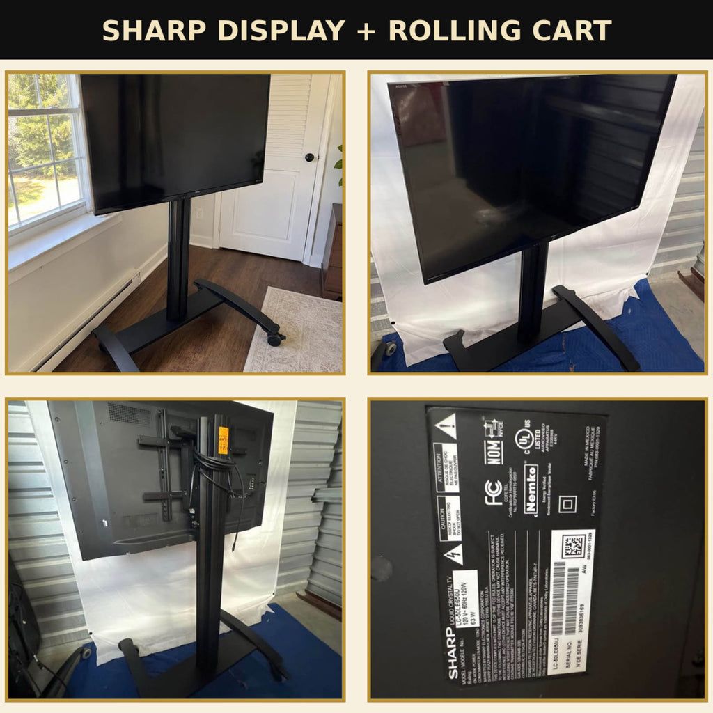 Sharp LC-50LE650U rolling display cart — exact-item front, rear and label collage