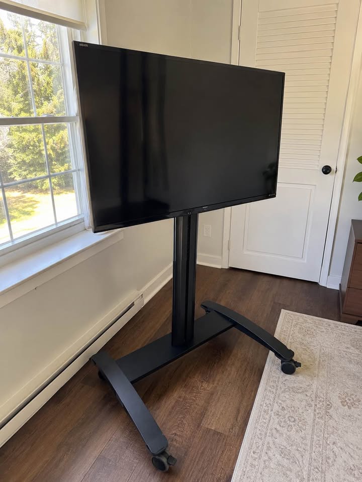 Sharp LC-50LE650U television on rolling cart — genuine full setup front view