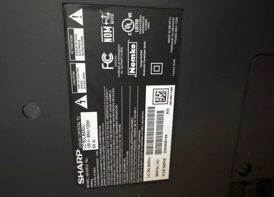 Sharp AQUOS LC-50LE650U manufacturer model label