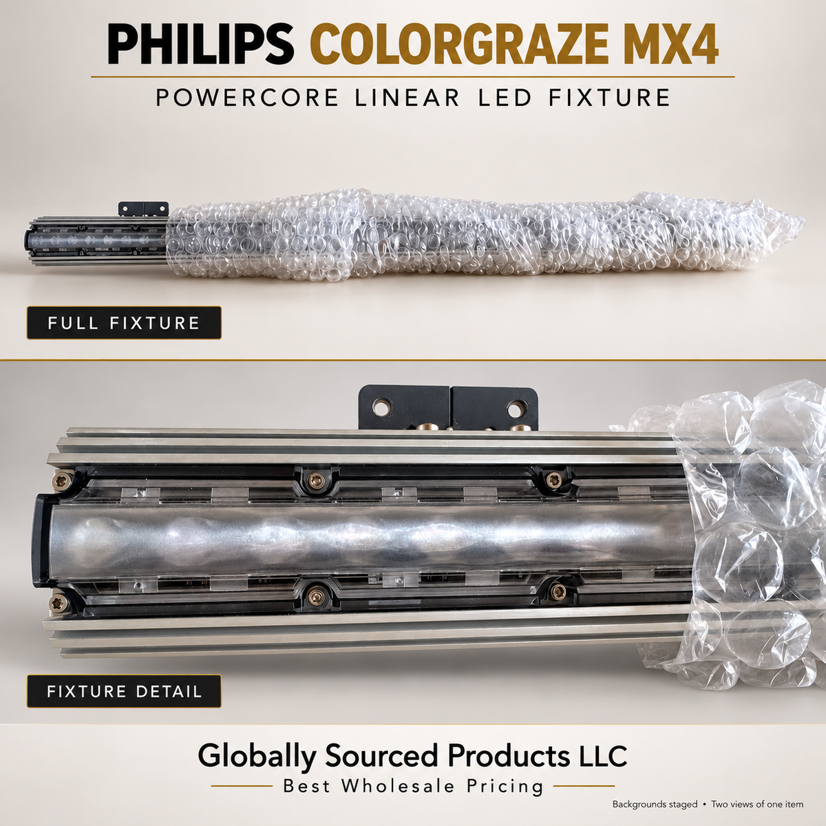 Philips ColorGraze MX4 two-view collage of one actual partly wrapped fixture; backgrounds staged