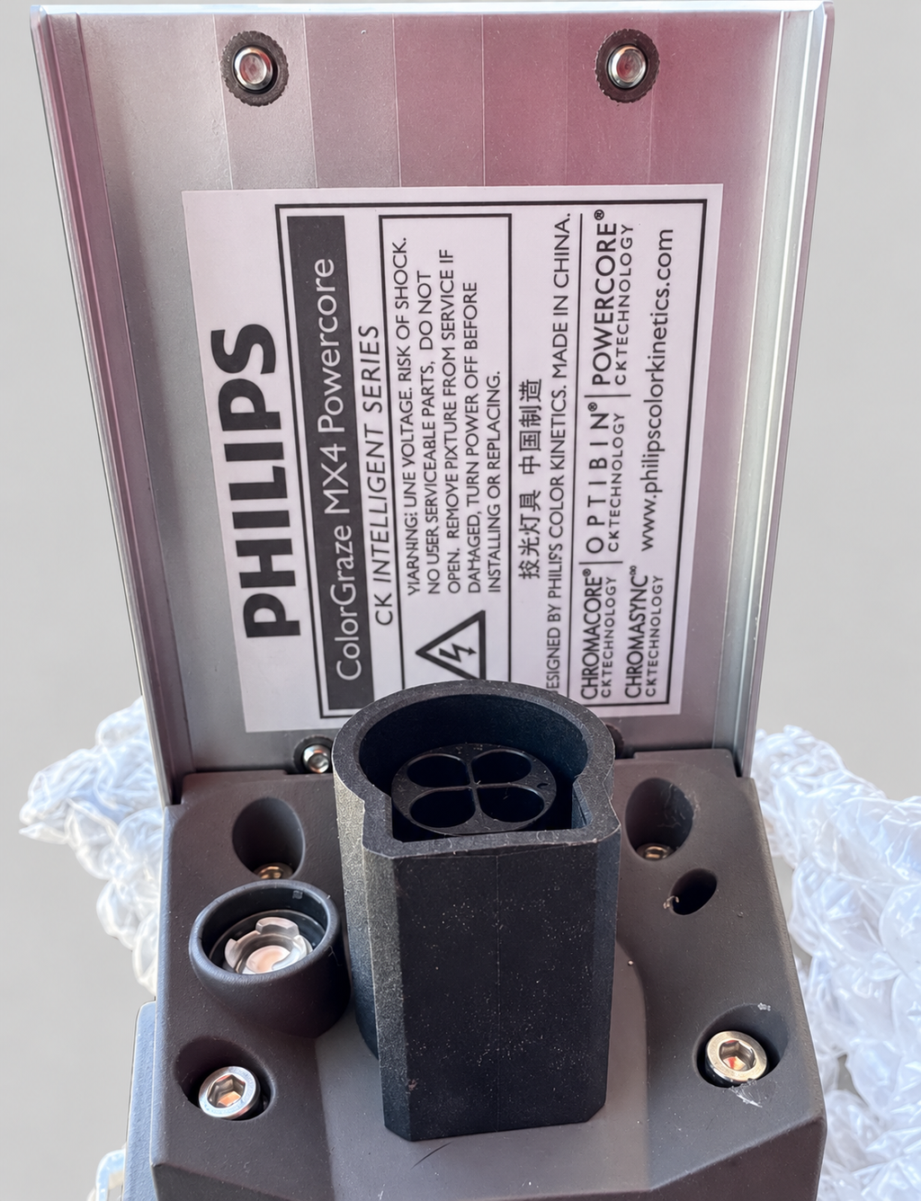 Actual Philips ColorGraze label and connector with edited neutral background; originals retained separately