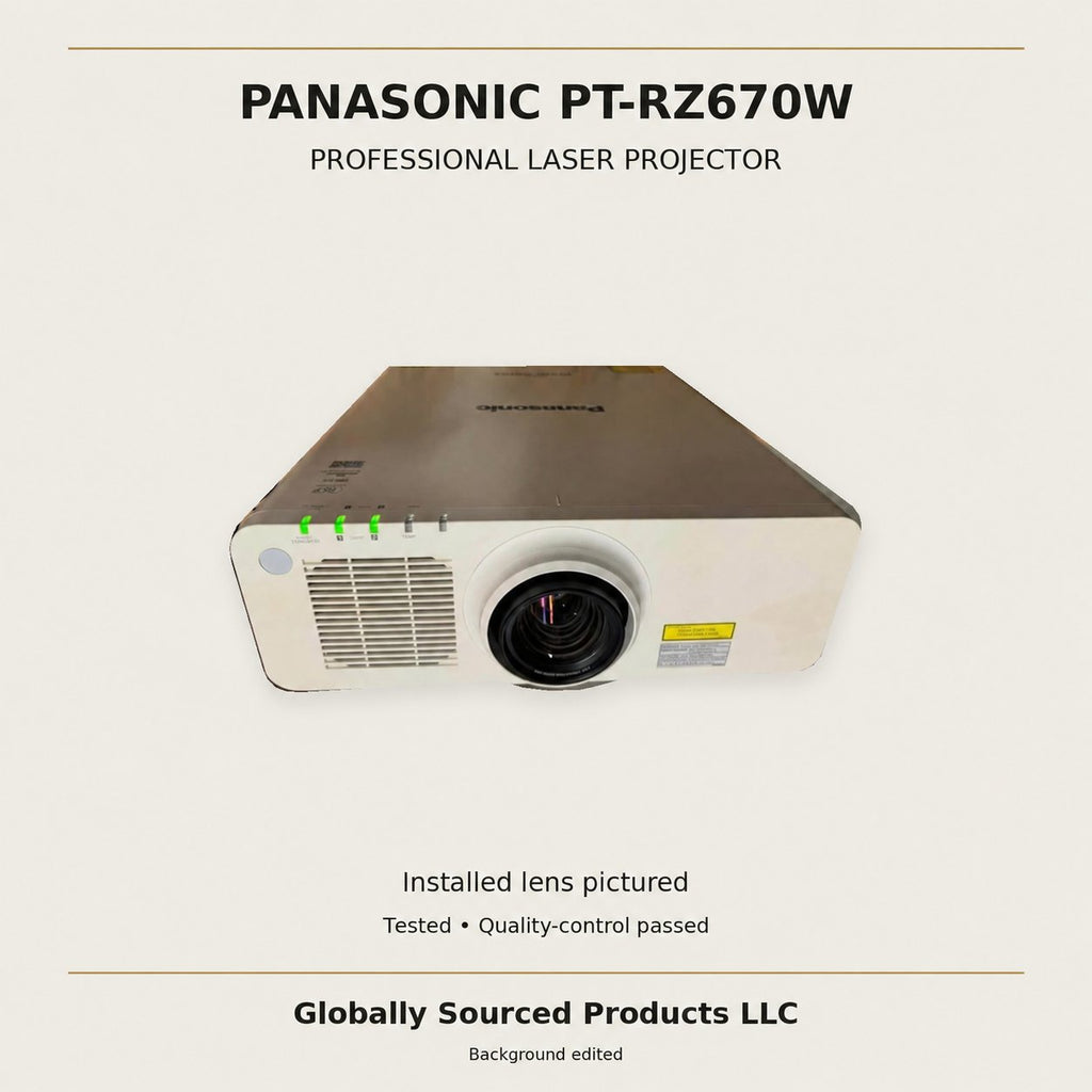 Panasonic PT-RZ670W projector with installed lens; neutral staged background; visible wear retained