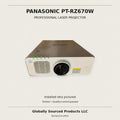 Panasonic PT-RZ670W projector with installed lens; neutral staged background; visible wear retained