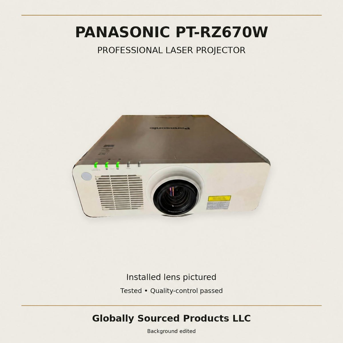 Panasonic PT-RZ670W projector with installed lens; neutral staged background; visible wear retained