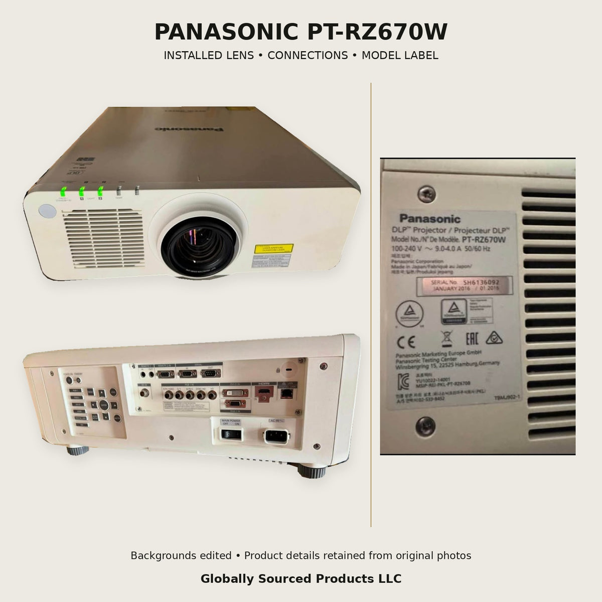 Panasonic PT-RZ670W actual front, rear connections and original model label; full-product backgrounds edited