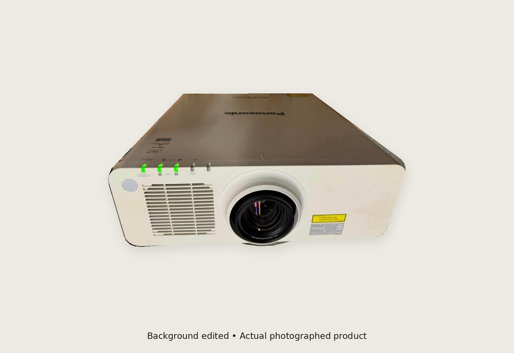 Actual Panasonic PT-RZ670W front with installed lens; neutral background edit