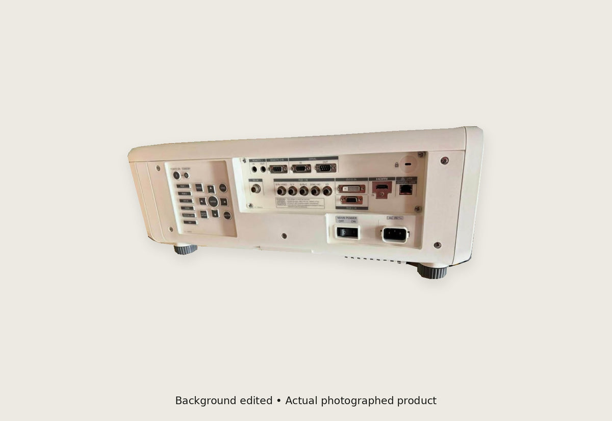 Actual Panasonic PT-RZ670W rear controls and connectors; neutral background edit
